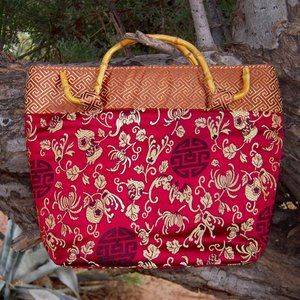 Genuine Silk Brocade Vintage Asian Purse w/Bamboo Handles